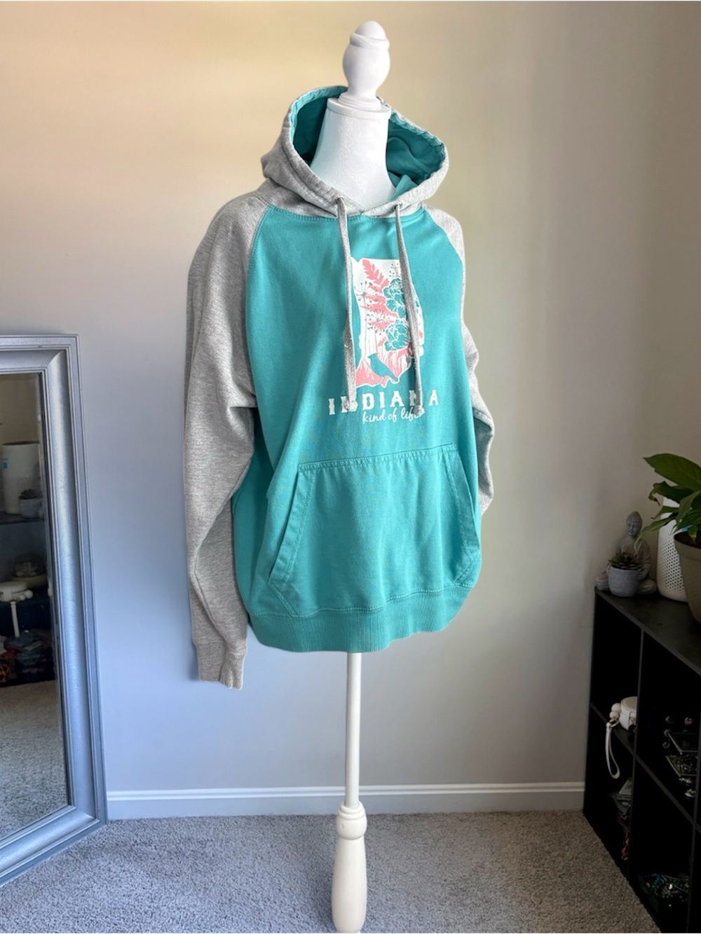 Indiana Graphic Raglan Pullover Hoodie - Teal and Gray